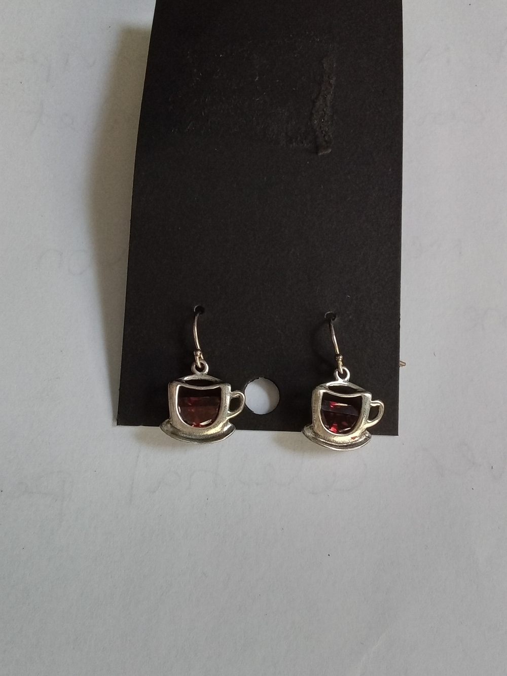Sterling Silver 925 Coffee Cup Teacup Dangle Earrings Red Garnet Stone